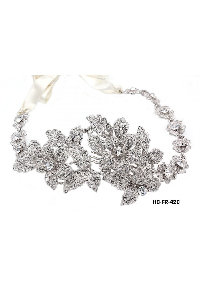 Head Band – Bridal Headpiece w/ Austrian Crystal Stones Flower - HB-FR-42C