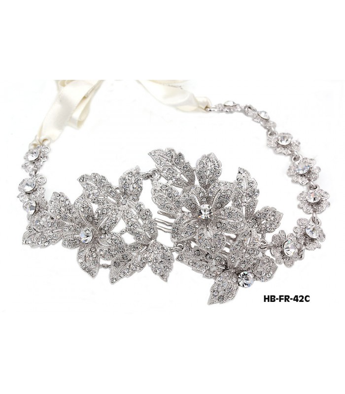 Head Band – Bridal Headpiece w/ Austrian Crystal Stones Flower - HB-FR-42C