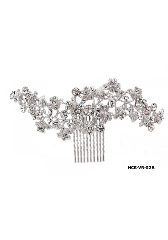 Wedding Hair Comb – Bridal Hair Combs & Clips w/ Austrian Crystal Stones Vine with Hearts - HCB-VN-32A