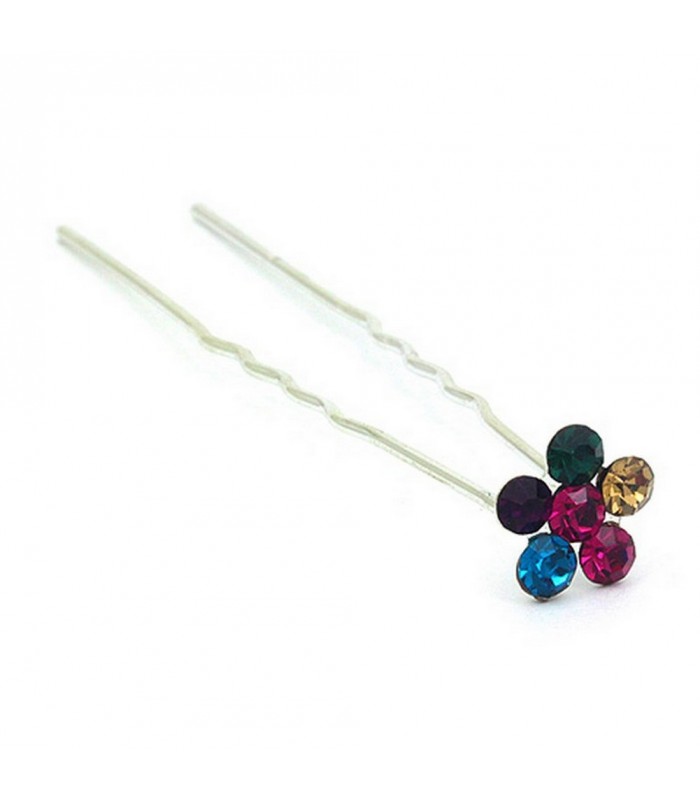 Hair Stick - 12 pcs Multi Color Crystal Flower - CS-9004MU