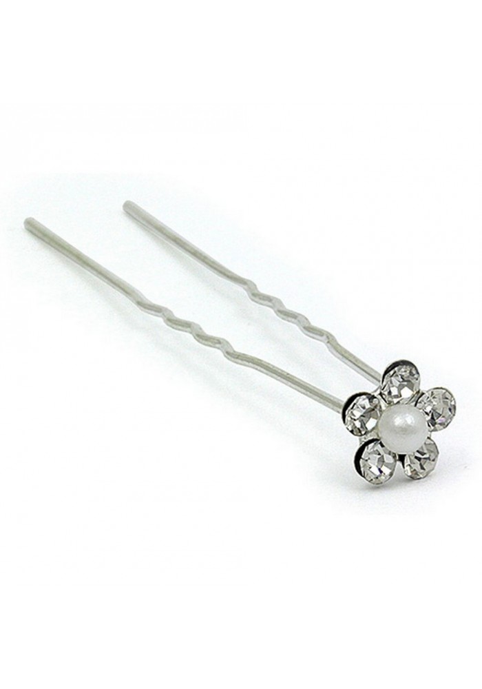 Hair Stick - 12 pcs Clear Crystal Flower w/ Faux Pearl - CS-9004PERL