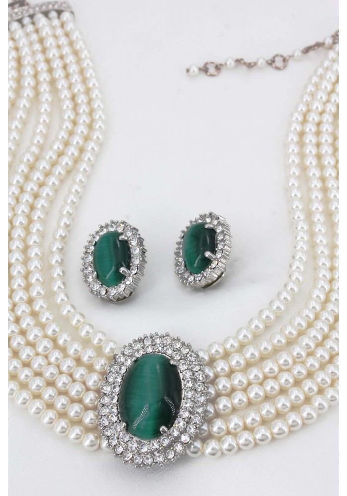 Multi Chain Pearl Necklace and Earrings Set - NE-264GN