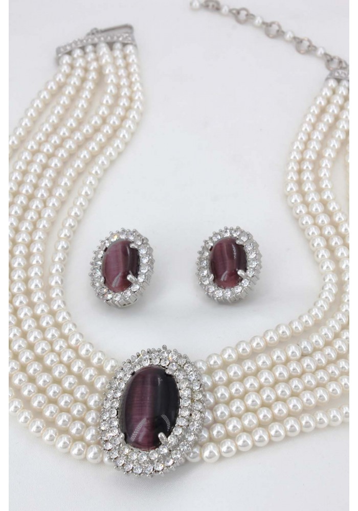 Multi Chain Pearl Necklace and Earrings Set - NE-264PL