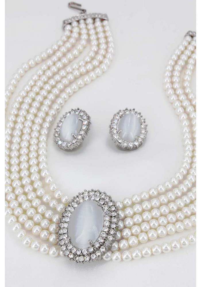 Multi Chain Pearl Necklace and Earrings Set - NE-264WT