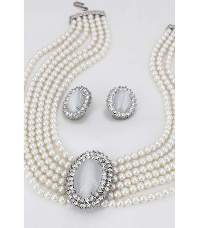 Multi Chain Pearl Necklace and Earrings Set - NE-264WT