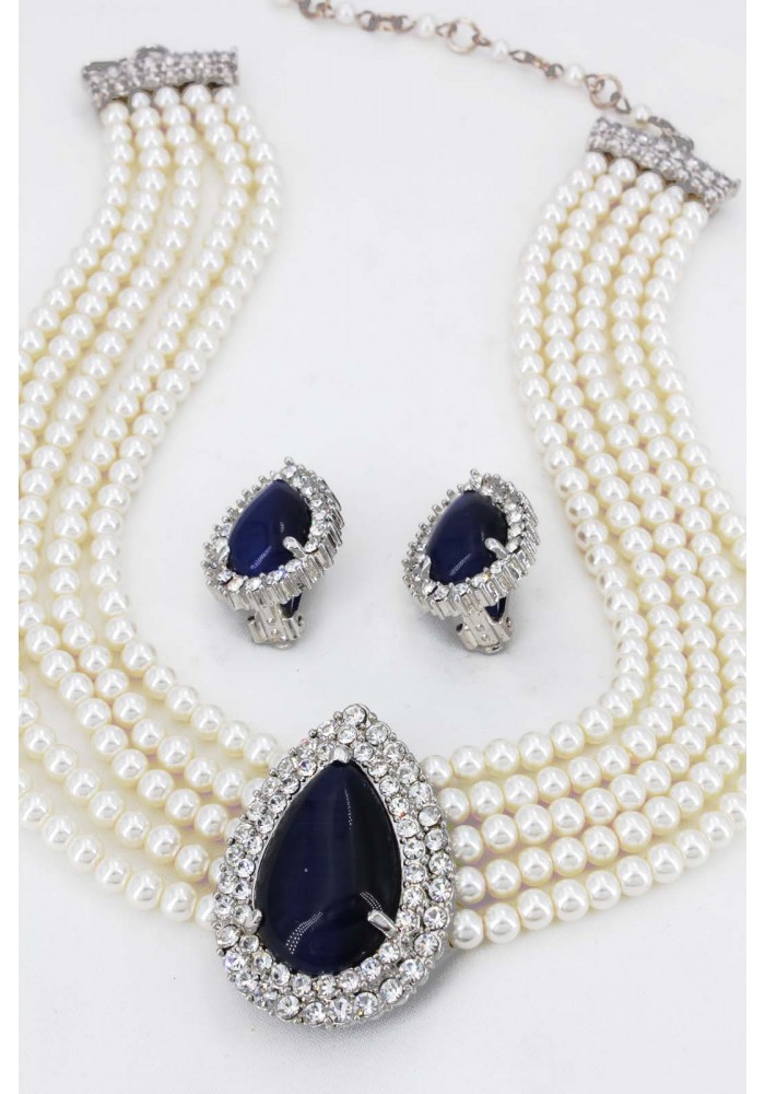 Multi Chain Pearl Necklace and Earrings Set - NE-265BL