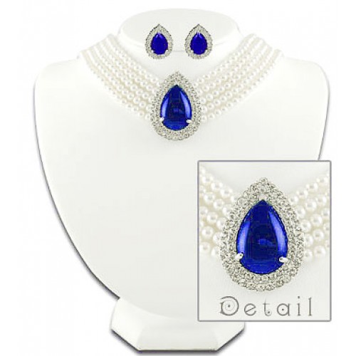 Multi Chain Pearl Necklace and Earrings Set - NE-265BL