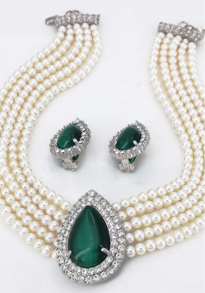 Multi Chain Pearl Necklace and Earrings Set - NE-265GN
