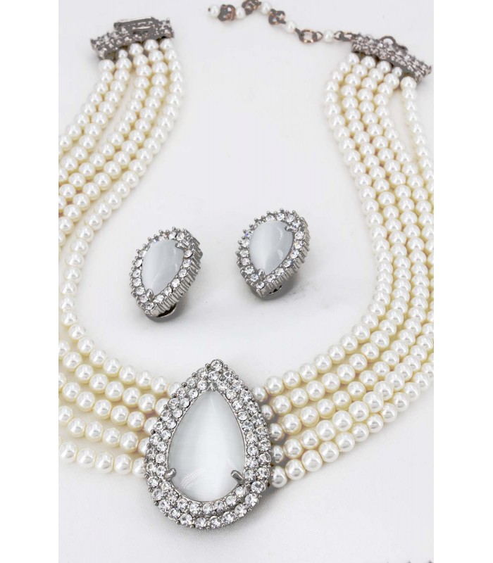 Multi Chain Pearl Necklace and Earrings Set  - NE-265WT