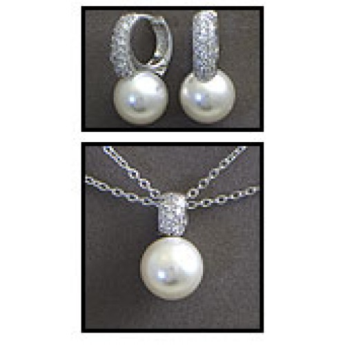 Gift set: Maperla Pearl w/ Swarovski Cubic Zirconia Necklace & Earrings Set - NE-JP10416W