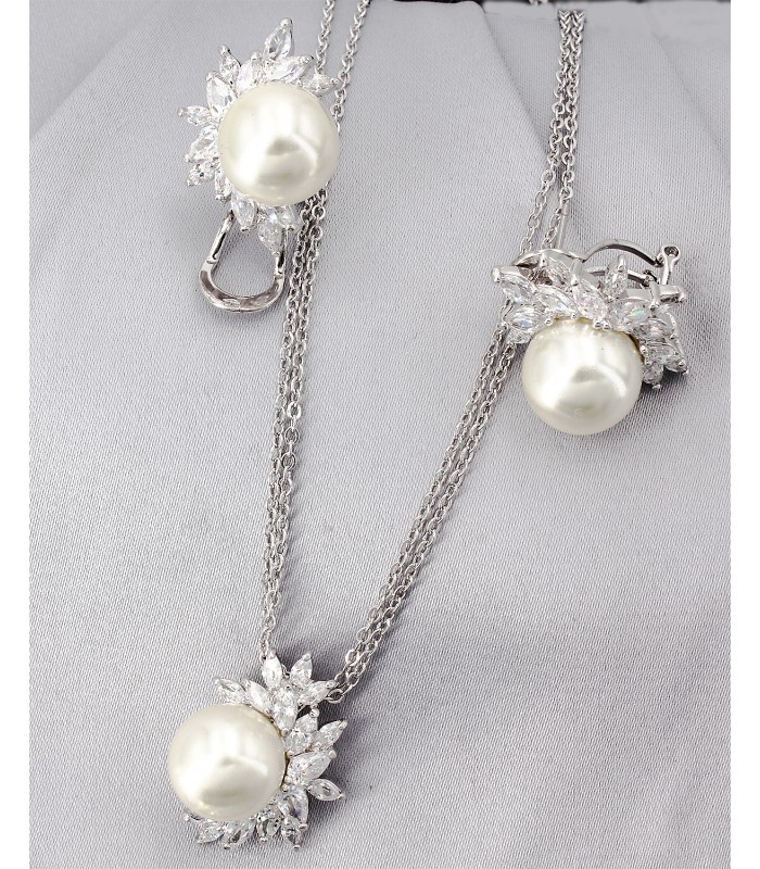 Gift set: Maperla Pearl w/ Swarovski Cubic Zirconia Necklace & Earrings Set - NE-JP10417W