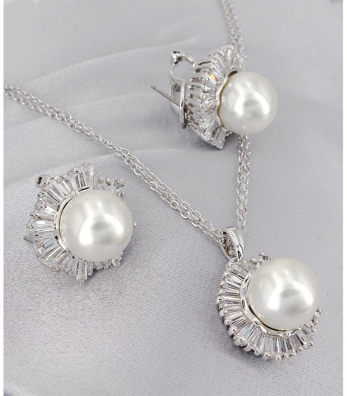 Gift set: Maperla Pearl w/ Swarovski Cubic Zirconia Necklace & Earring Set - NE-JP10969W