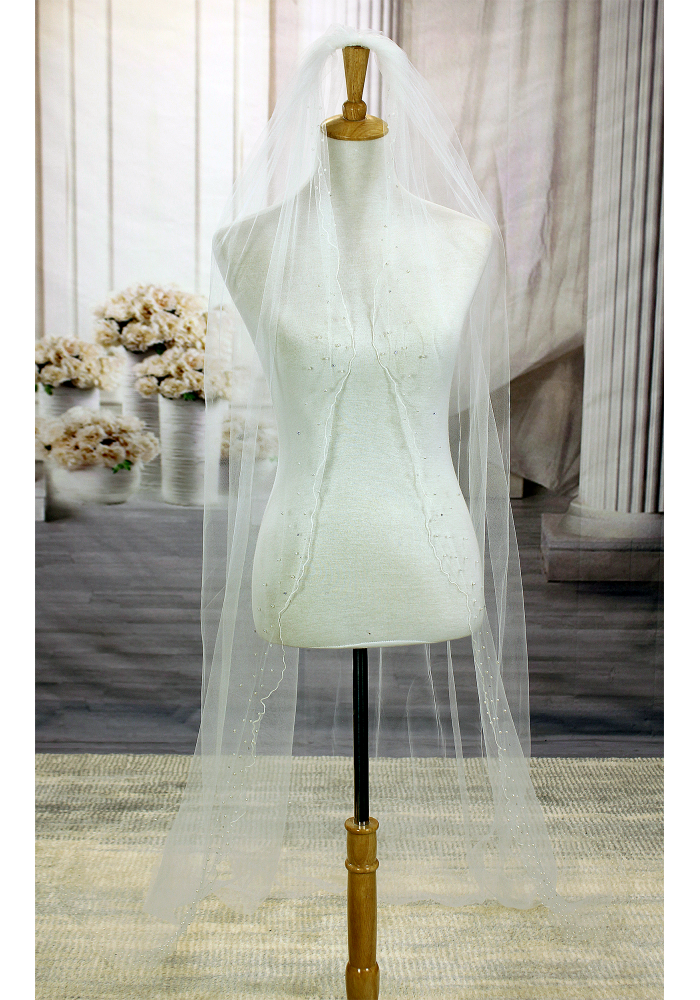 Long Veil - woven trim with beads and pearls embellishment - 108" - VL-V103-108IV