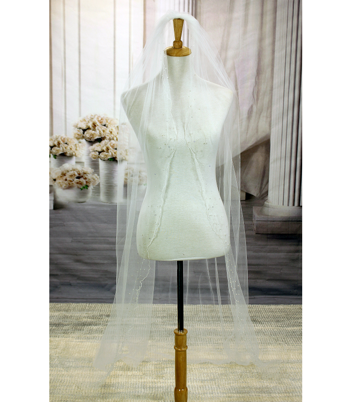 Long Veil - woven trim with beads and pearls embellishment - 108" - VL-V103-108IV