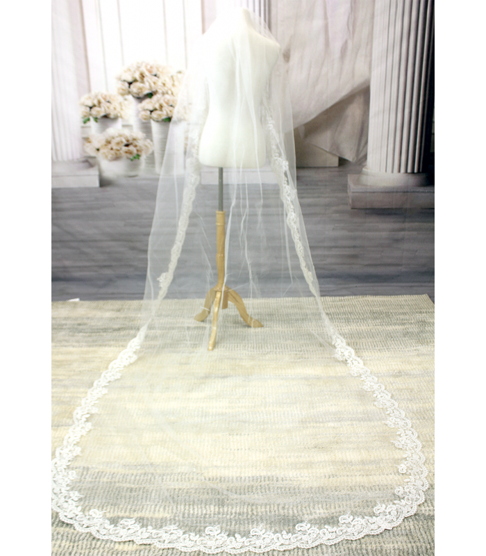 Long Veil - Long Veil Trim with Sequined Lace - 110" - VL-V1054-110IV