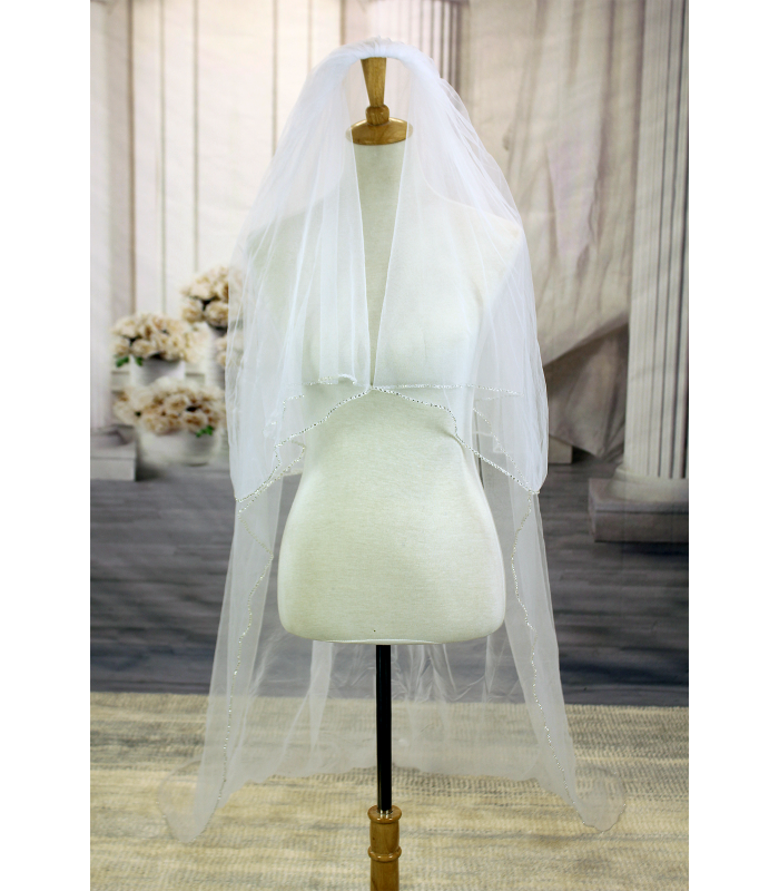 Long Veil - Long Veil Trim with rhinestones - 110" - VL-V1056-110WT