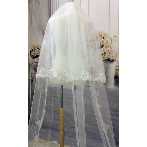 Long Veil - 2 layer with sequin & pearl embellished lace - 110" - VL-V1058-110IV