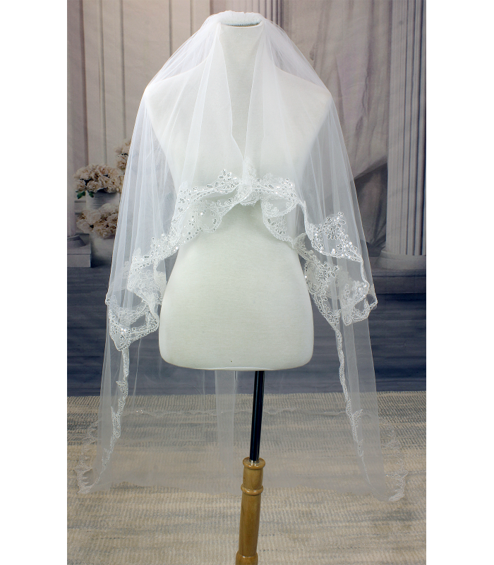 Long Veil - 2 layer with sequin & pearl embellished lace - 110" - VL-V1058-110IV