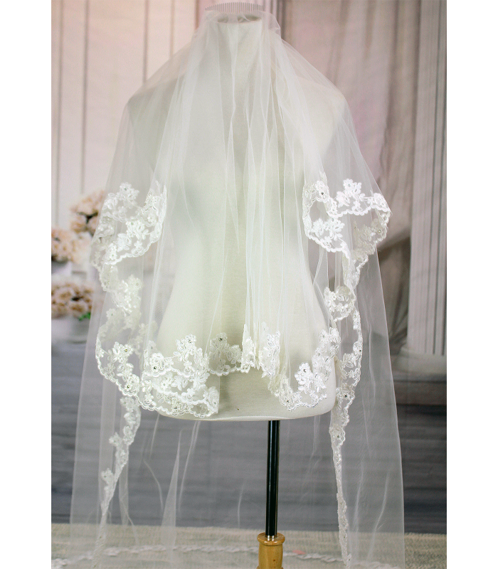 Long Veil - 2 layer with sequin & pearl embellished lace - 110" - VL-V1062-110IV