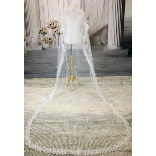 Long Veil - Long Veil with sequined embroidery lace - 110" - VL-V1067-110IV