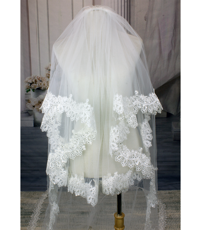 Long Veil - Long Veil with sequined embroidery lace - 110" - VL-V1067-110IV