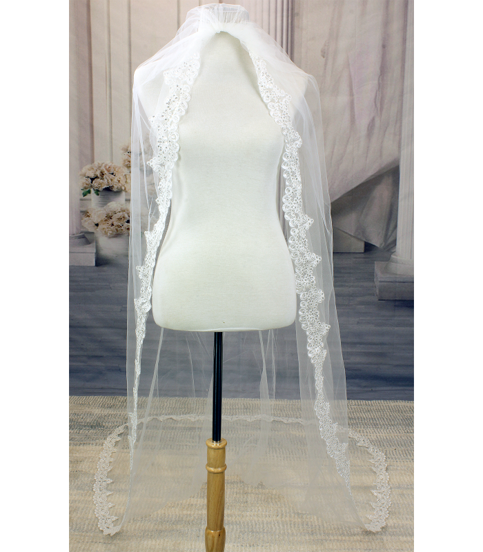 Long Veil - Long Veil with sequined lace appliques - 110" - VL-V1068-110IV