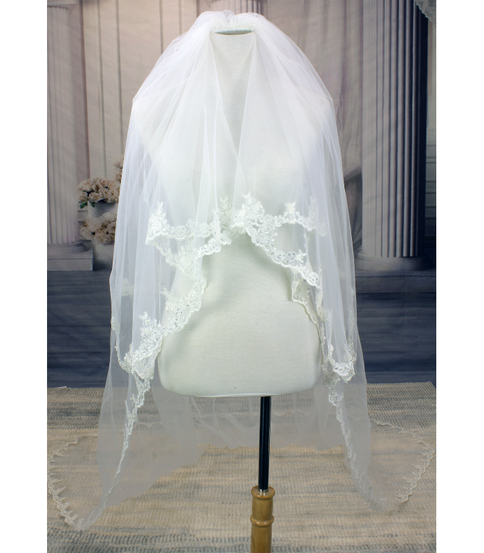 Long Veil - 2 layers Trim with sequined lace - 110" - VL-V1092-110IV