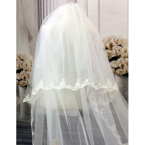 Long Veil - 2 layers Trim with sequined lace - 110" - VL-V1092-110IV