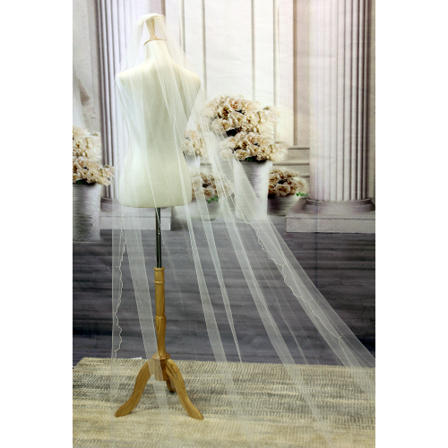 Long Veil - woven trim with beads and pearls embellishment - 108" - VL-V130-108IV