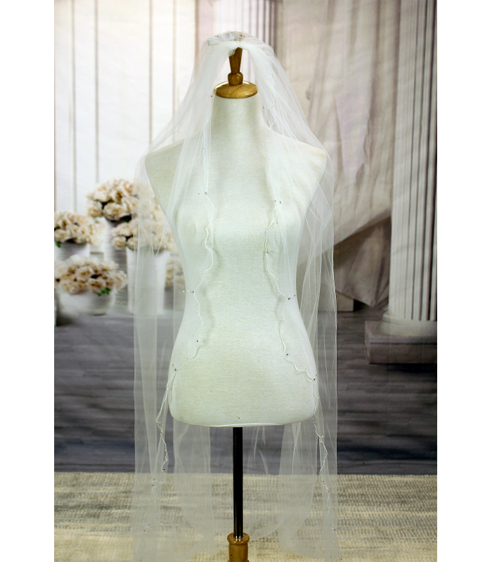 Long Veil - woven trim with beads and pearls embellishment - 108" - VL-V130-108IV