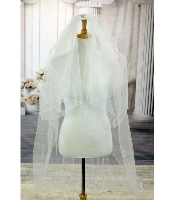 Long Veil - Long Veil with sequined embroidery - 110" - VL-V2003-110IV