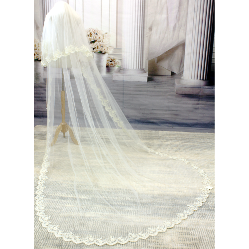 Long Veil - 2 layer with sequin & pearl embellished lace - 110" - VL-V2005-110IV