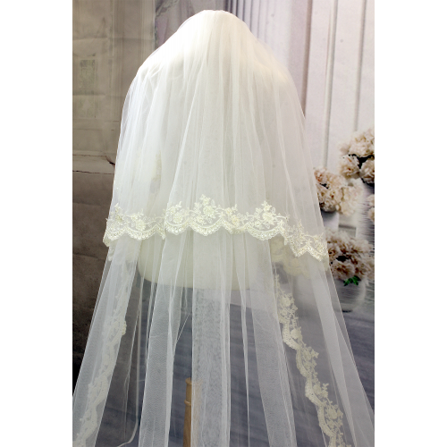 Long Veil - 2 layer with sequin & pearl embellished lace - 110" - VL-V2005-110IV