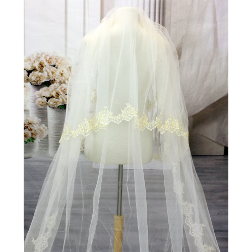 Long Veil - 2 layer with gold thread trim lace appliques - 110" - VL-V2028-110