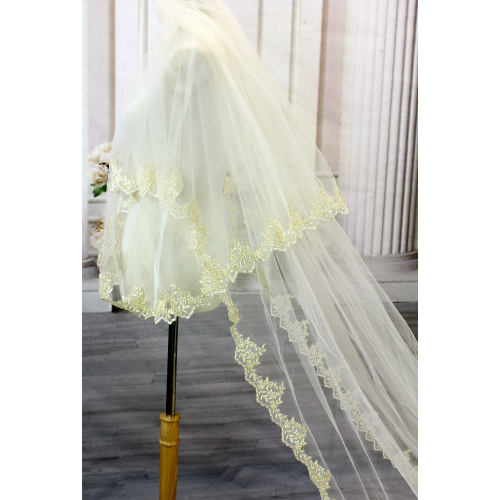 Long Veil - 2 layer with gold thread trim lace appliques - 110" - VL-V2028-110