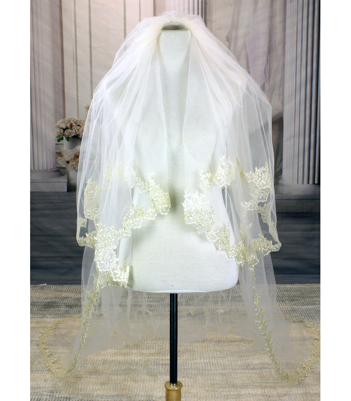 Long Veil - 2 layer with gold thread trim lace appliques - 110" - VL-V2028-110