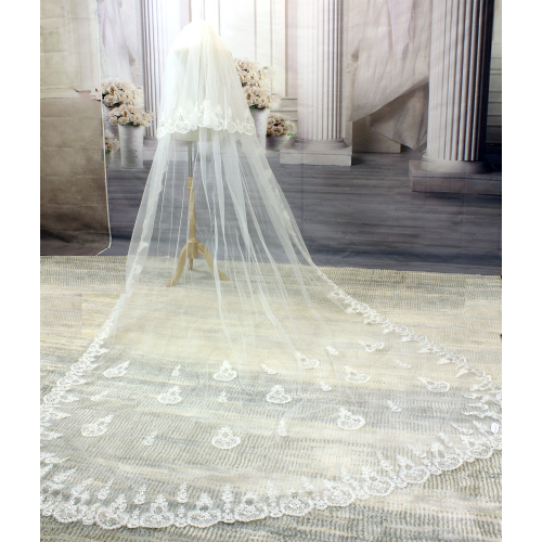 Long Veil - Sequined lace appliques - 130" - VL-V6003-130IV