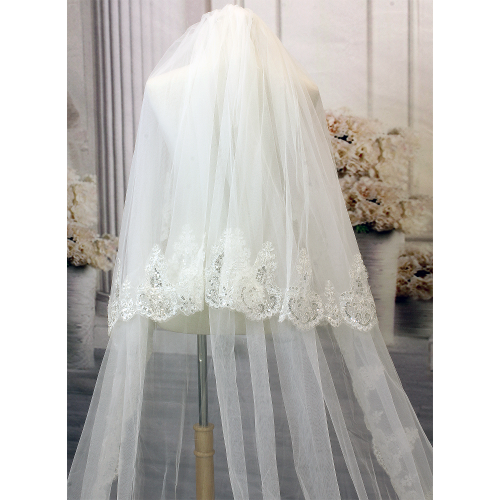 Long Veil - Sequined lace appliques - 130" - VL-V6003-130IV