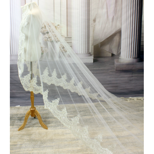 Long Veil - Trim with embroidery lace - 120" - VL-VM5003-120IV