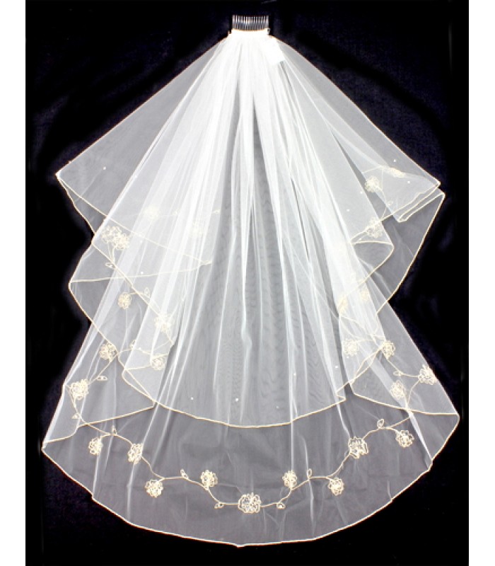 Veil - Rose Gold Embroidery and Finished hem - 40" - VL-V50155-IVGD