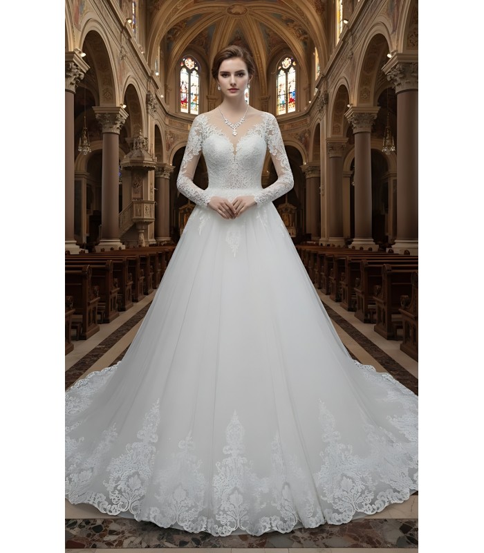 Wedding Dress - Long Sleeves Lace Appliqued Tulle Ball Gown with Sheer Cover Chest and Backline - BLC-B6004