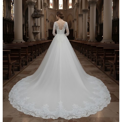 Wedding Dress - Long Sleeves Lace Appliqued Tulle Ball Gown with Sheer Cover Chest and Backline - BLC-B6004