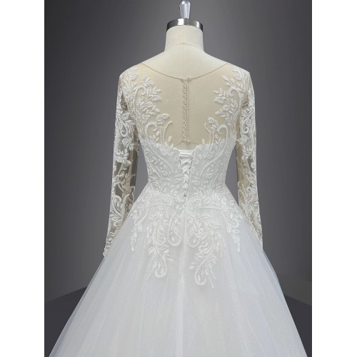 Wedding Dress - Long Sleeves Lace Appliqued Tulle Ball Gown with Sheer Cover Chest and Backline - BLC-B6004