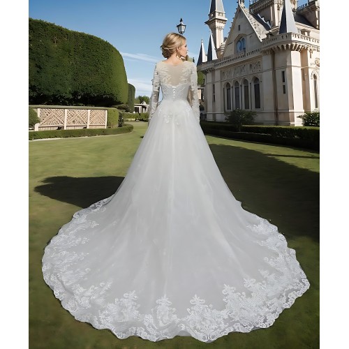 Wedding Dress - Long Sleeves Lace Appliqued Tulle Ball Gown with Sheer Cover Chest and Backline - BLC-B6004