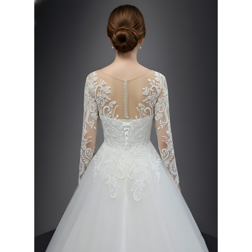 Wedding Dress - Long Sleeves Lace Appliqued Tulle Ball Gown with Sheer Cover Chest and Backline - BLC-B6004