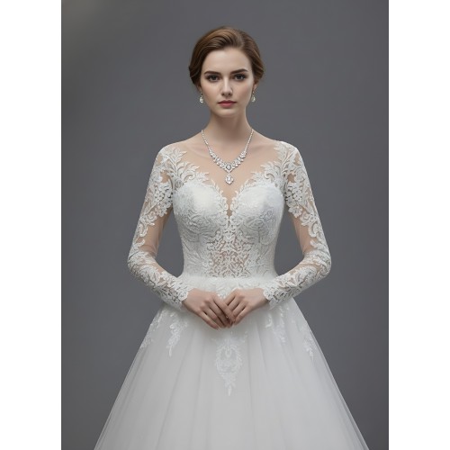 Wedding Dress - Long Sleeves Lace Appliqued Tulle Ball Gown with Sheer Cover Chest and Backline - BLC-B6004