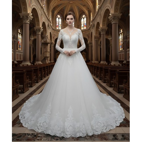 Wedding Dress - Long Sleeves Lace Appliqued Tulle Ball Gown with Sheer Cover Chest and Backline - BLC-B6004