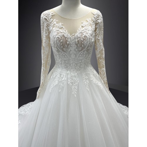 Wedding Dress - Long Sleeves Lace Appliqued Tulle Ball Gown with Sheer Cover Chest and Backline - BLC-B6004