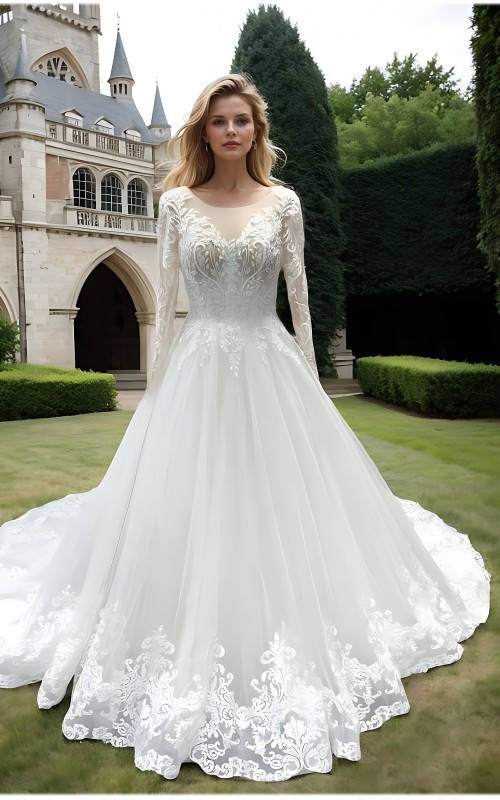 Wedding Dress - Long Sleeves Lace Appliqued Tulle Ball Gown with Sheer Cover Chest and Backline - BLC-B6004