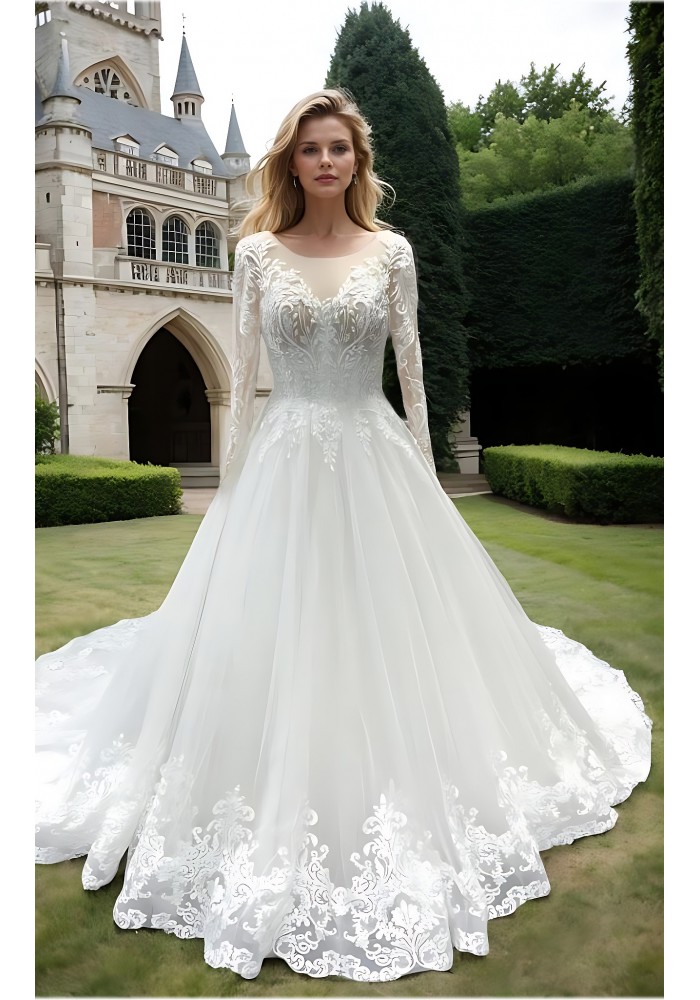 Wedding Dress - Long Sleeves Lace Appliqued Tulle Ball Gown with Sheer Cover Chest and Backline - BLC-B6004